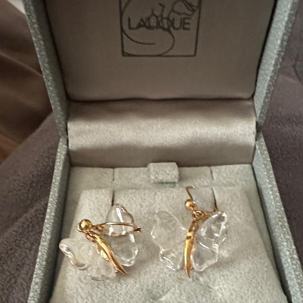 Lalique Gold and Clear Crystal Butterfly Earrings